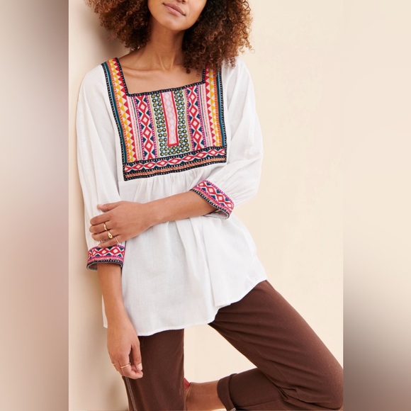 Anthropologie Tops - Anthropologie White Abigail Embroidered Blouse Babydoll Boho Flowy